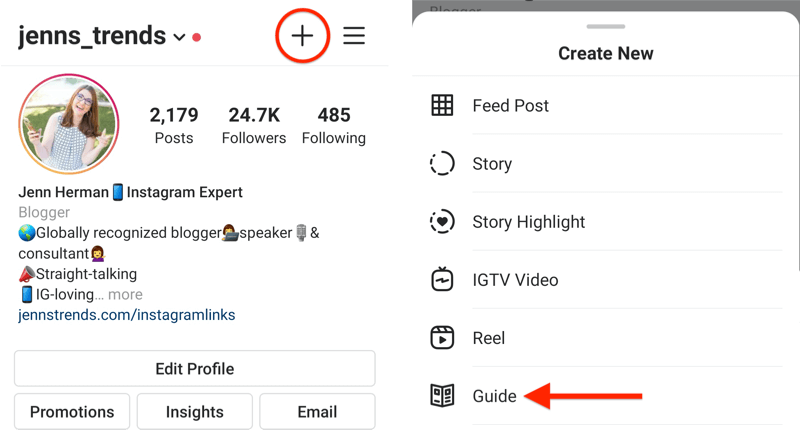 ejemplo de perfil de instagram con el icono + resaltado y el menú emergente crear nuevo que se muestra con la opción de guía resaltada