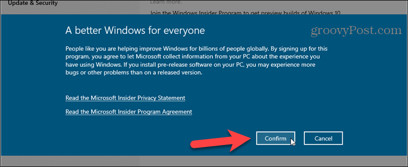 Confirme el registro del programa Windows Insider