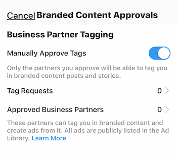 Configuración de aprobación de contenido de marca de Instagram para el perfil comercial