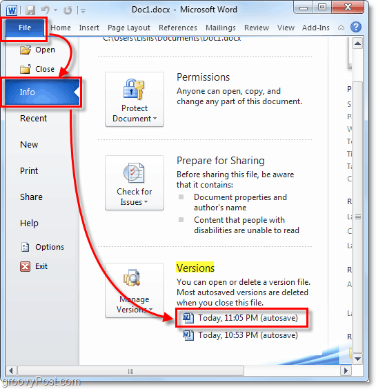 la versión guardada automáticamente vuelve a Outlook 2010
