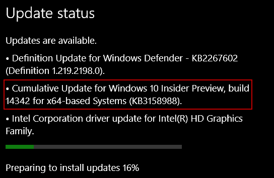 Actualización de Windows 10 KB3158988 para Preview Build 14342 para PC