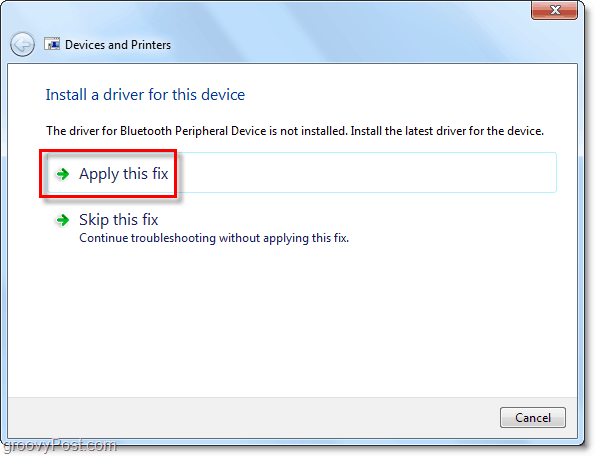 Windows buscará una solución y, si puede encontrar una, le presentará una solución de conexión Bluetooth