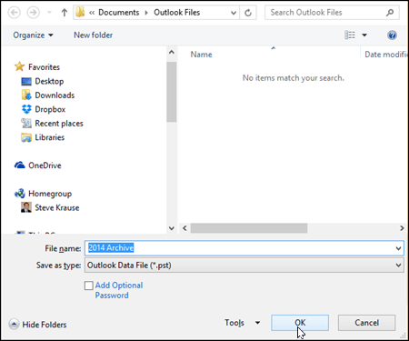 Outlook 2016: elija el nombre y la ubicación del archivo PST