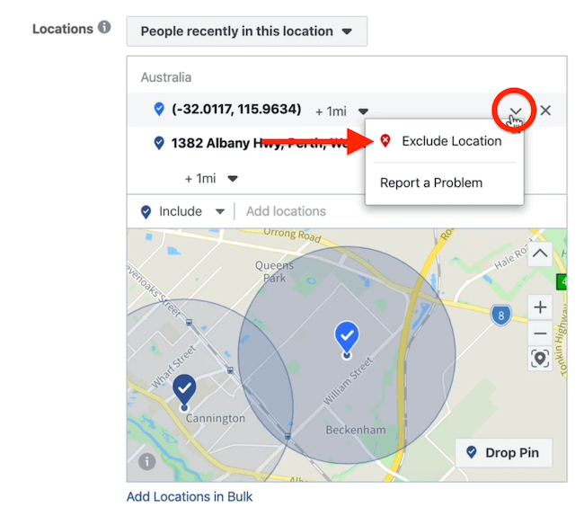 Excluir la opción de ubicación a nivel de conjunto de anuncios en Facebook Ads Manager
