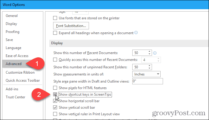 Mostrar teclas de método abreviado en información en pantalla en Word