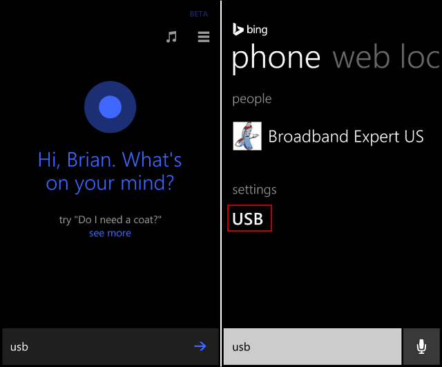 Búsqueda USB de Cortana