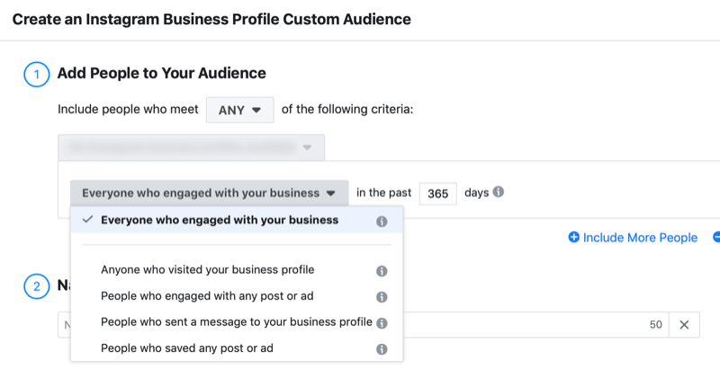 ventana de configuración para la audiencia personalizada de interacción del perfil empresarial de Instagram