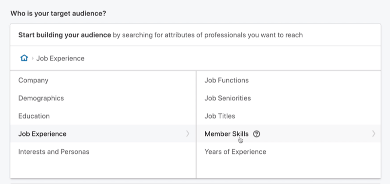 seleccione Habilidades de los miembros para la segmentación de anuncios de mensajes de LinkedIn