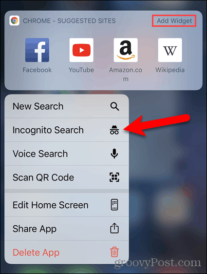 Mantenga presionado el icono de Chrome y seleccione Búsqueda de incógnito