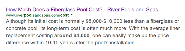El artículo de River Pools sobre el costo de una piscina de fibra de vidrio aparece primero en una búsqueda de ese tema.