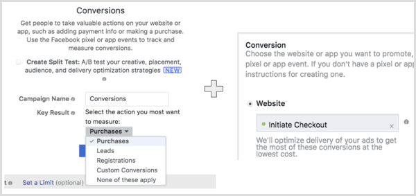 Crea una campaña de Facebook con el objetivo de Conversiones Web y selecciona la acción que quieres que realice tu audiencia.