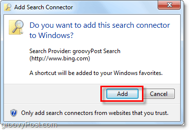 haga clic en agregar cuando vea la ventana de agregar del conector de búsqueda de Windows 7