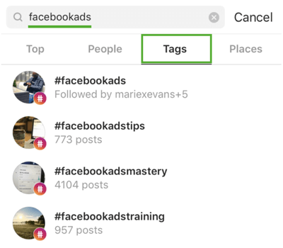 Cómo hacer crecer estratégicamente su seguimiento de Instagram, paso 9, encontrar hashtags relevantes, ejemplo de búsqueda de "facebookads"