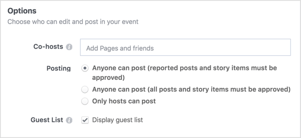 Ingrese los nombres de las páginas comerciales o amigos con los que compartirá su evento de Facebook.