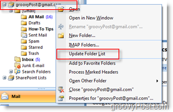 Actualice la lista de carpetas de iMAP GMAIL en la barra de herramientas de navegación de Outlook 2007