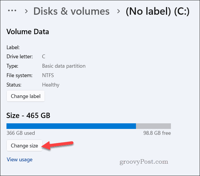 Botón Cambiar tamaño de unidad en la configuración de Windows 11