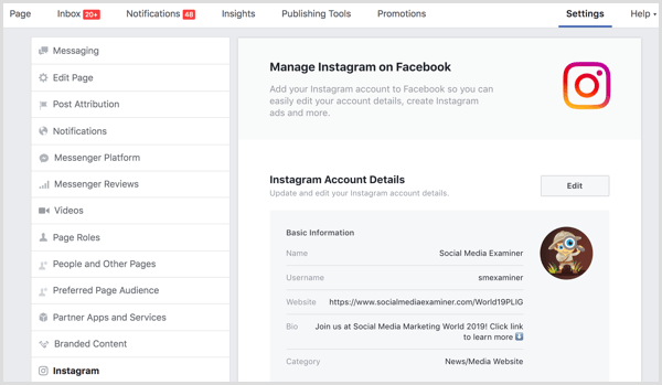 conecte el perfil de Instagram a Facebook en la pestaña Configuración