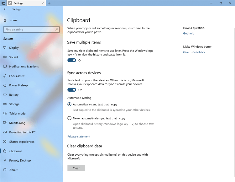 Portapapeles de Windows 10 RS5 Cloud