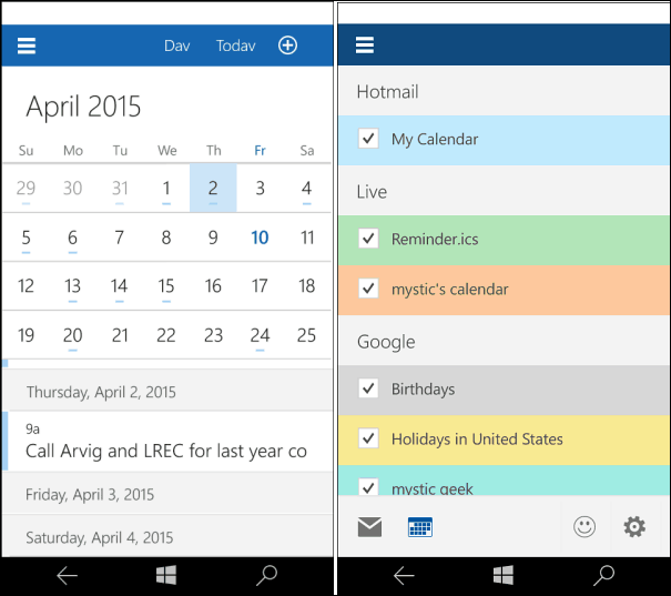 Calendario de Windows 10 para teléfonos