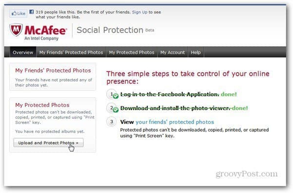 página de la aplicación de protección social mcaffee