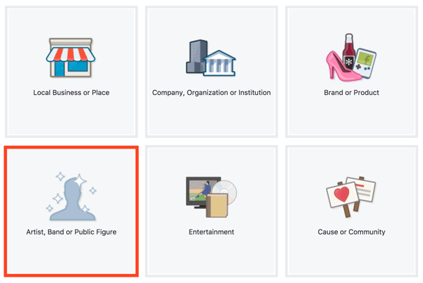 Seleccione Artista, Banda o Figura pública como tipo de página de Facebook.