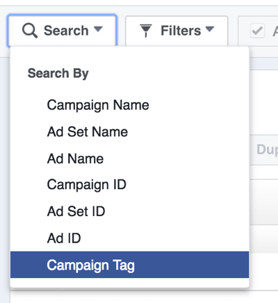 Busque campañas publicitarias de Facebook por etiqueta.