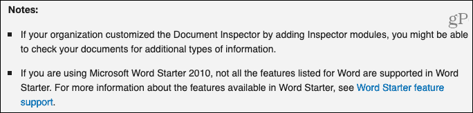 Notas del inspector de documentos del soporte de Microsoft