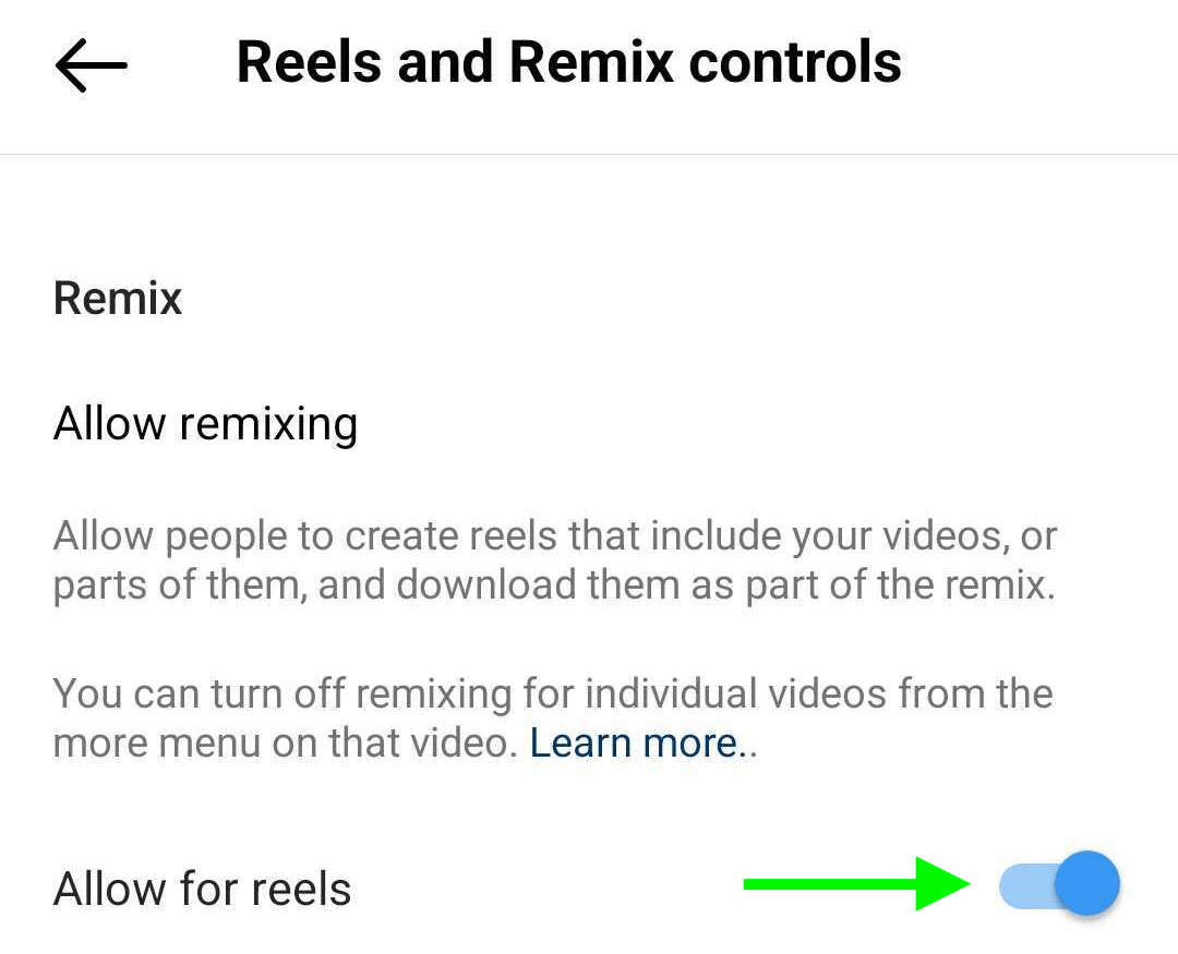 imagen de Reels and Remix Controls en la configuración del perfil comercial de Instagram