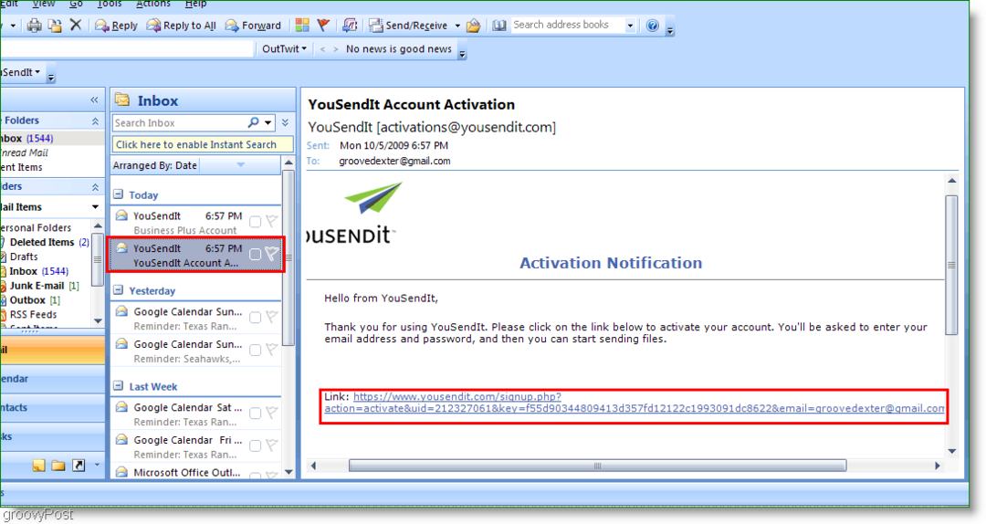 Enlace de activación de YouSendIt en Outlook