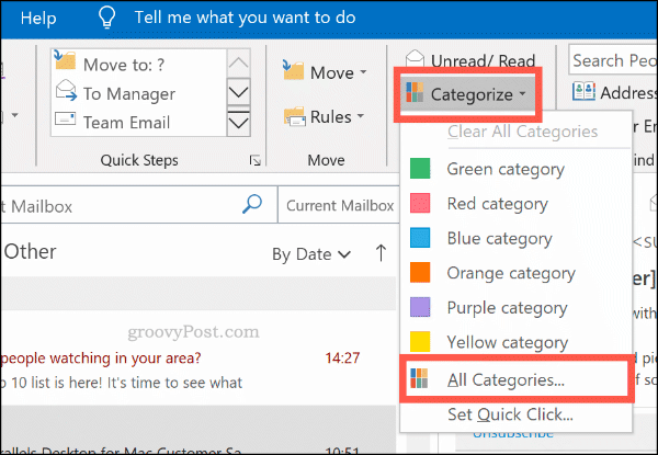 El menú de categorización para categorías de color en Outlook