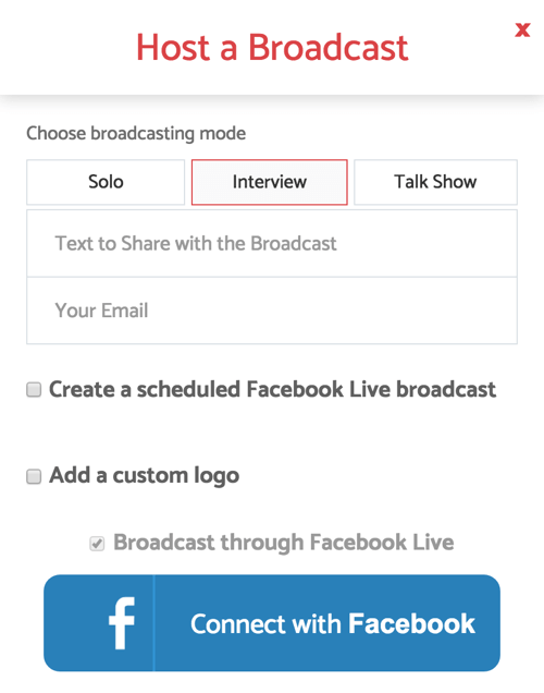 Cuando configure BeLive para un programa de entrevistas en vivo, seleccione el modo de transmisión de entrevistas.