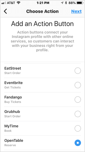 Elija un botón de acción para agregarlo a su perfil comercial de Instagram.