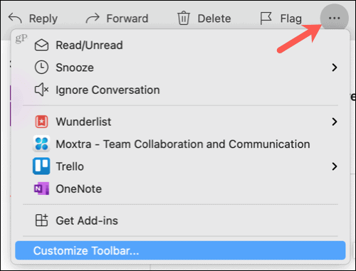 Ver más elementos, personalizar la barra de herramientas en Outlook en Mac