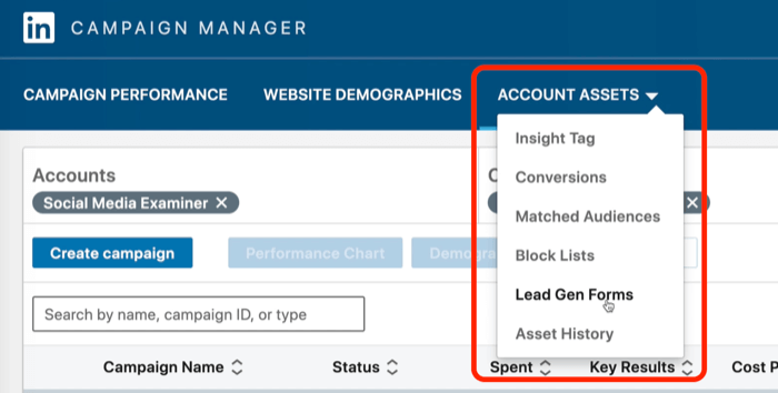 captura de pantalla de los formularios de generación de contactos seleccionados en LinkedIn Campaign Manager