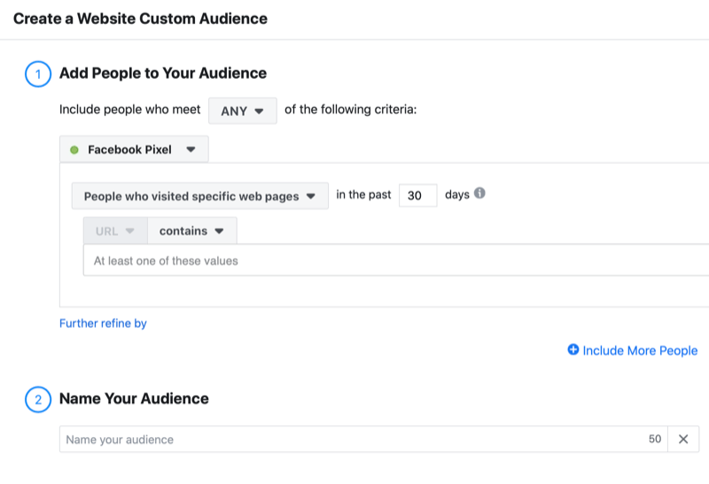 ejemplo Facebook crea un menú de audiencia personalizado en el sitio web que incluye las opciones para agregar a las personas que visitaron páginas web específicas en los últimos 30 días usando el píxel de Facebook junto con la opción de nombrar a su audiencia