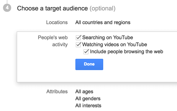 Elija el público objetivo para su anuncio de YouTube.