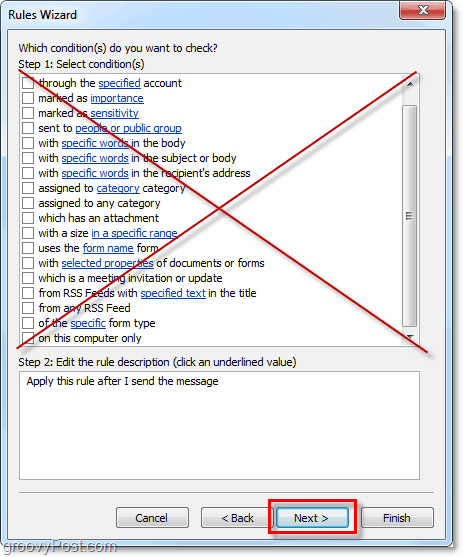 no seleccione ninguna condición para los correos electrónicos enviados de Outlook 2010