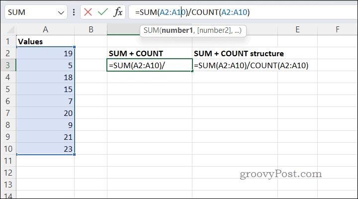 Calcular promedios usando SUMCOUNT en Excel