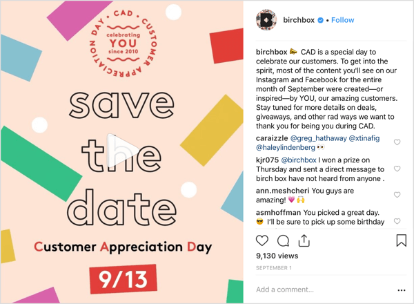 La cuenta de Instagram de Birchbox ofreció a los seguidores ofertas, obsequios y sorpresas para conmemorar el Día de agradecimiento al cliente.