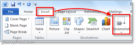 el botón de captura de pantalla está debajo de la cinta de inserción en Office 2010
