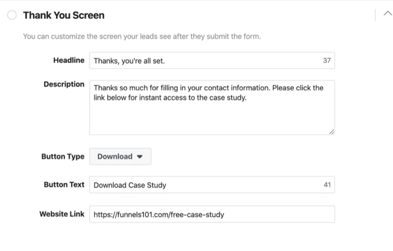 Sección de pantalla de agradecimiento del proceso de configuración del formulario de clientes potenciales de Facebook