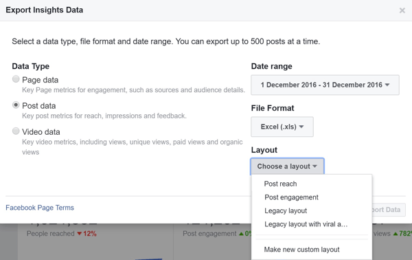 Elija un diseño al exportar sus Insights de datos de publicaciones de Facebook.