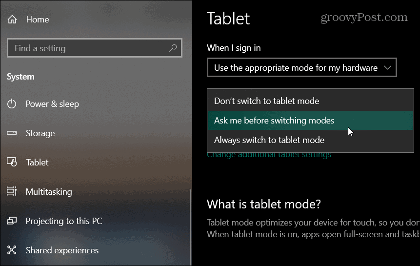 configuración de la tableta de windows 10