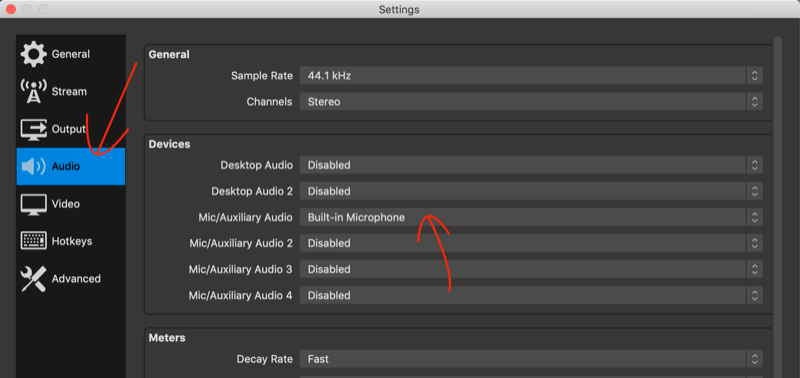 Pestaña de audio en la configuración de OBS Studio