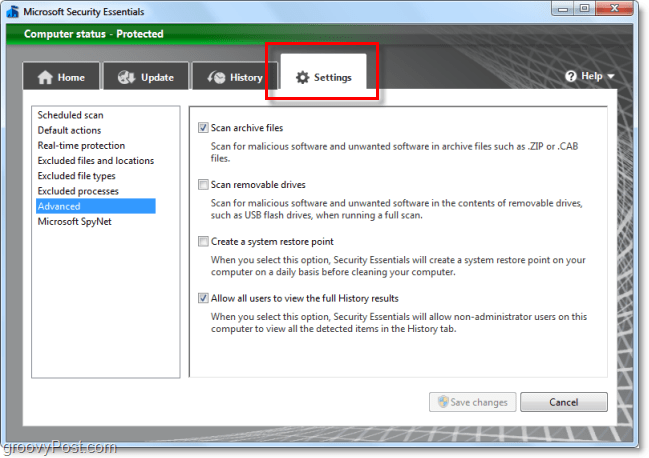 Configuración avanzada de Microsoft Security Essentials 2.0 Beta