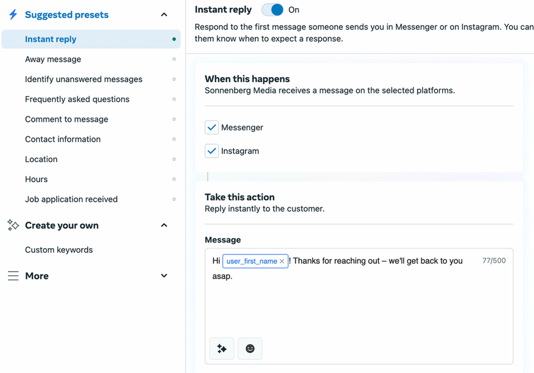 imagen de la pantalla de configuración de respuesta instantánea en Meta Business Manager