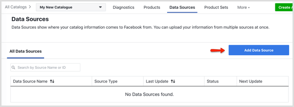 Botón Agregar fuente de datos en la pestaña Fuentes de datos en el Administrador de catálogos de Facebook