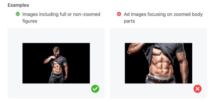 Fotos aceptables e inaceptables que muestran partes del cuerpo ampliadas para anuncios de Facebook