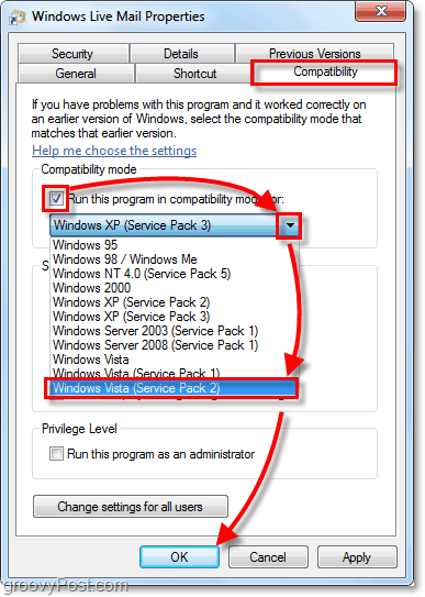 modo de compatibilidad de Windows Live Mail Vista
