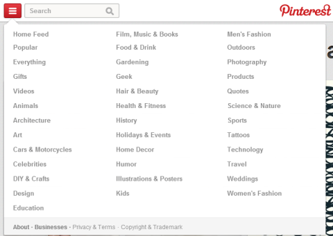 Sección de nuevas categorías de Pinterest